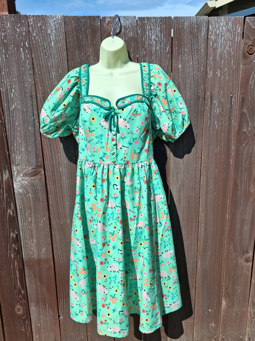 Mint Floral Puff-Sleeve Midi Dress With Possum Print